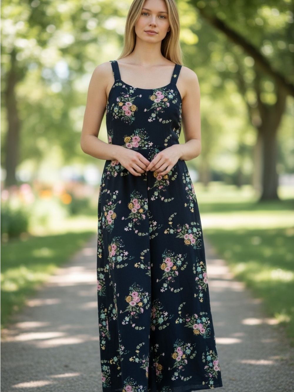 Knitworks Navy Floral Wide-Leg Jumpsuit with Pink & Yellow Blooms